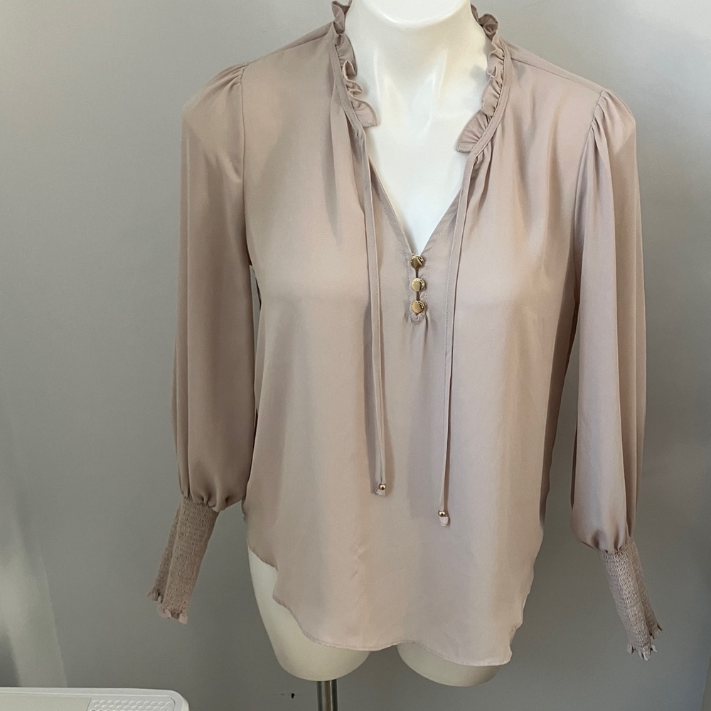 T Tahari Blush Ruffle Blouse with Button Detail